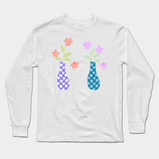 Pair of Checkered Vases with Pink and Purple Flowers Long Sleeve T-Shirt